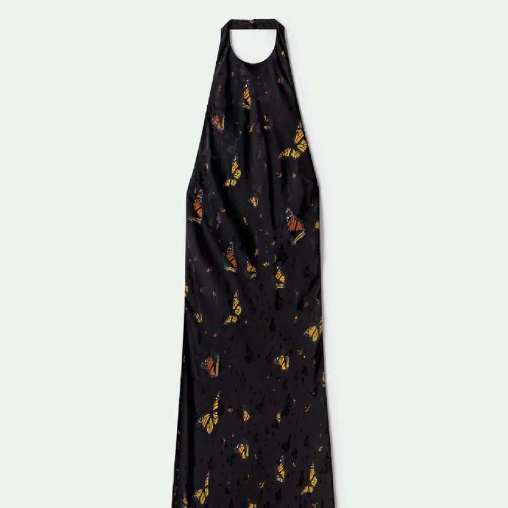 Silk Laundry Halter Dress in Black Monarch Butterfly Print Size XS